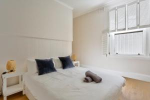 悉尼2 Bedroom House with 2 E-Bikes Included at Centre of Chippendale的卧室配有白色床、蓝色枕头和窗户