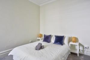 悉尼Unique 2 Bedroom Darling Harbour Glebe 2 E-Bikes Included的一间卧室配有白色床和蓝色枕头