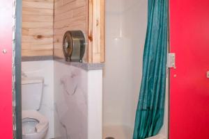 摩押Moab RV Resort Glamping Setup Tent OK-T3的浴室设有卫生间和绿色淋浴帘。