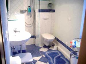 Ferienhaus Schöne的浴室配有卫生间、盥洗盆和淋浴。