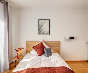 伊巴丹Spacious and Comfort Home的一间卧室配有一张带红色枕头的大床