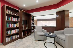 巴塞罗那贝斯特阿拉尼亚酒店的客厅配有两把椅子、一张沙发和书架