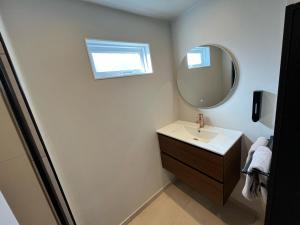 海滨诺德韦克Huisje bij Zee (gratis parkeren)的一间带水槽和镜子的浴室