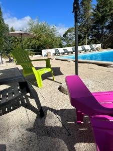 Pêro MonizQuinta dos Encantos "Entire Villa"的游泳池旁的紫色和绿色长凳