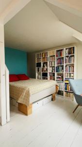 哥本哈根ApartmentInCopenhagen Apartment 1594的一间卧室配有床和书架