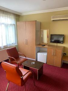 安卡拉米娜1号酒店的酒店客房设有带椅子和电视的起居区。