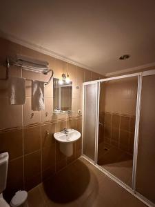 安卡拉米娜1号酒店的带淋浴、盥洗盆和卫生间的浴室