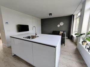 埃因霍温K50173 Modern apartment near the center的一间带水槽的白色厨房和一个客厅