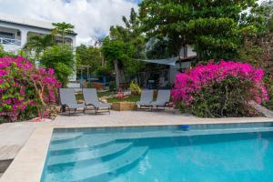 辛普森湾Blue Dream apartments的一个带椅子和粉红色鲜花的游泳池