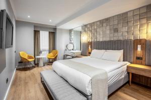 伊斯坦布尔Nova Plaza Prime Hotel的酒店客房设有一张大床和一张书桌。