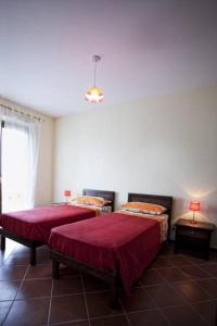 FilandariBorgo Nicoletta Case per le vacanze的一间卧室设有两张带红色床单的床和窗户。