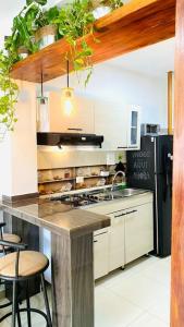 蒙波斯Cómodo Apartamento céntrico 2 Habitaciones的厨房配有带凳子的柜台和冰箱。