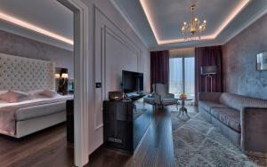阿巴诺泰尔梅泰尔梅总统酒店的一间卧室设有一张床和一间客厅。