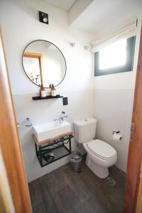 厄尔查尔坦Güer Aike Mejor Tiny house c/ vista al Fitz Roy的浴室设有白色的卫生间和镜子