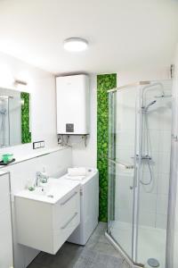 文盖尔斯卡－古尔卡Apartament 55的白色的浴室设有水槽和淋浴。