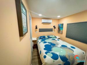 萨拉索塔Pinecraft Sunset Tiny Home的卧室配有一张床,墙上配有电视。
