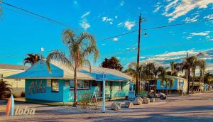 萨拉索塔Pinecraft Tiny Home 2的一条拥有蓝色建筑和棕榈树的街道