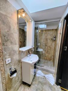 克卢日-纳波卡House Apartment Minerilor的一间带水槽和淋浴的浴室