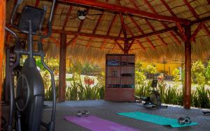 NindiríHotel Amigo Nicaragua的健身房拥有大型木制结构,配有跑步机和健身自行车