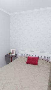 布卢梅瑙Casa linda, luxo e aconchegante的一间卧室配有一张红色枕头的床