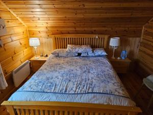 百利科内尔Forest Lodge Log Cabin - Ireland的小木屋内一间卧室,配有一张床