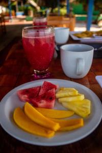 格兰德岛Isla Los Erizos EcoHouse的桌上的水果和饮料