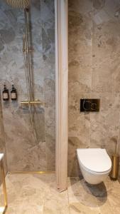 霍尔斯特布罗Hotel Nørreport的带淋浴和卫生间的浴室。