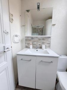 塔布Maison La Petite Bleue - Balcon - Wifi Fibre - Menage inclus的浴室配有白色水槽和卫生间。