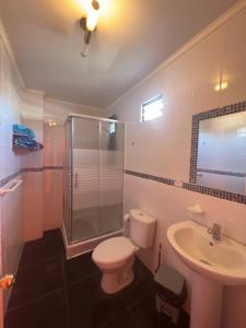 伊基克Hotel Casa del profesor Iquique的浴室配有卫生间、盥洗盆和淋浴。