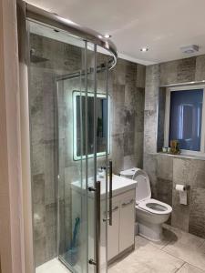 莱斯特Adam Guest House的一间带卫生间和玻璃淋浴间的浴室