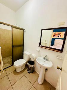 马那瓜Los Vados Hotel的一间带卫生间、水槽和镜子的浴室
