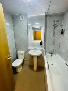 考文垂海兰斯酒店的浴室配有卫生间、盥洗盆和浴缸。