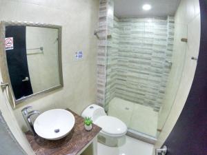 圣安德烈斯Hotel Almendros的浴室配有卫生间、盥洗盆和淋浴。