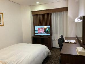 山口Hotel Alpha-One Yamaguchi Inter的配有一张床和一台平面电视的酒店客房