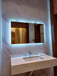 巴勒如拉斯فلل بيات الفيصل Bayat Al Faisal Villas的一间带水槽和镜子的浴室