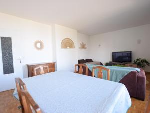 埃维昂莱班Appartement Évian-les-Bains, 2 pièces, 4 personnes - FR-1-498-72的一间卧室配有一张床、一台电视和一张沙发