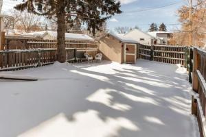 埃德蒙顿Cozy Furnished Room in Edmonton - Close to U of A的雪覆盖的院子,有栅栏和一棵树