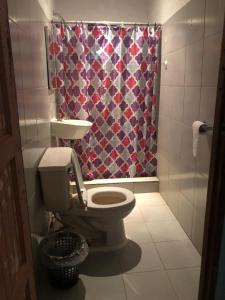 波托韦洛Hostal Portobelo的一间带卫生间和淋浴帘的浴室