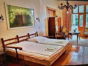 布达佩斯卡尔马潘齐奥住宿加早餐旅馆的卧室配有1张床、1张桌子和1把椅子