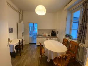 绍尔戈陶尔扬Tilia Ház的厨房配有2张桌子和1张桌子及椅子