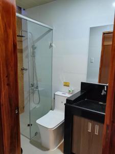 RosarioNorlu Cedec Midpoint Hotel的一间带卫生间和玻璃淋浴间的浴室