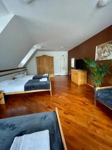 伊德里亚Gostišče Barbara的一间大型客房,配有一张床,铺有木地板
