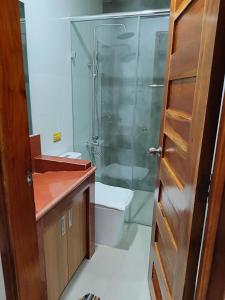 RosarioNorlu Cedec Midpoint Hotel的一间带玻璃淋浴和卫生间的浴室