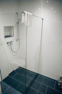 哈滕海姆Weingut Hans Bausch的带淋浴的浴室和蓝色瓷砖地板。