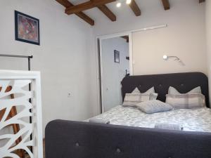 普罗夫迪夫Charming studio in the city center的一间卧室配有一张带黑色床头板和枕头的床。