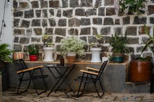 保禄Maysa Villa的砖墙前的桌椅,砖墙上布满了盆栽植物