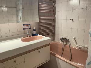 BoudryLes Rossets的一间带水槽和粉色浴缸的浴室