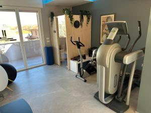 弗利OliVia Home Sauna & Gym的健身房设有跑步机,健身房提供健身自行车。