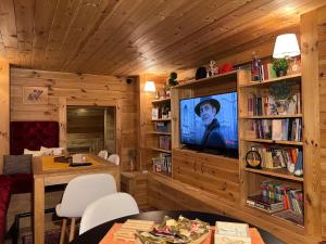 科拉欣Chalet Kolašin的一间带电视和书架的客厅