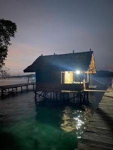 Yennanas BesirI&D Home Stay Raja Ampat的码头上的房子,水面上灯